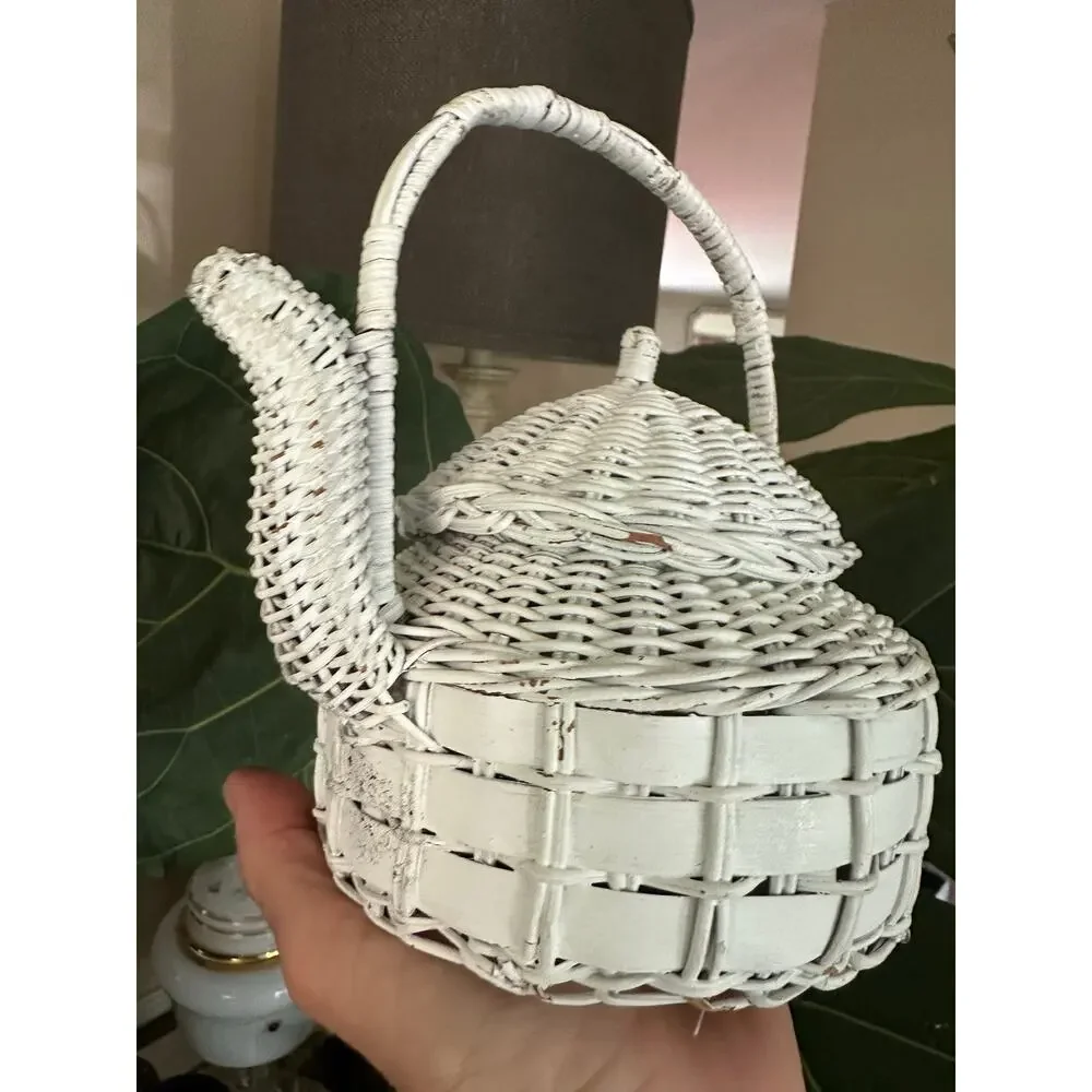 Vintage White Wicker Teapot Shape Basket Cottage Decor 6.5